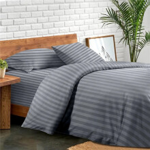 (Grey, Single) Ultra Soft 4PCS Duvet Cover Set - Hypoallergenic Satin Stripes Microfiber Quilt Cover Bedding