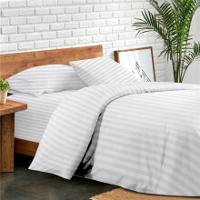 (White, Double) Ultra Soft 4PCS Duvet Cover Set - Hypoallergenic Satin Stripes Microfiber Quilt Cover Bedding
