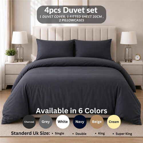 (White, Double) 4-Piece Plain Dyed Bedding Set  – Includes 30cm Deep Fitted Sheet, Machine Washable – Available in 6 Colors & 1
