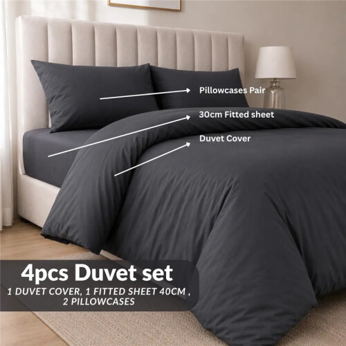 (White, Double) 4-Piece Plain Dyed Bedding Set  – Includes 30cm Deep Fitted Sheet, Machine Washable – Available in 6 Colors & 2