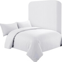 (White, Double) 4PC Complete Stripe Duvet Cover Set | Luxury 100% Soft Microfiber Bedding Quilt Cover with