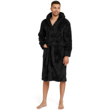(XL, Black/Black) Snuggaroo Mens Soft Fleece Long Sleeve Hooded Lounge Bath Robe Dressing Gown