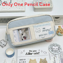 (Blue White) White Blue Cat Drawing Pen Case With Spacious Design For Office Workers Students