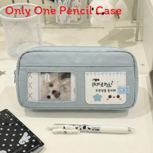 (Blue) White Blue Cat Drawing Pen Case With Spacious Design For Office Workers Students