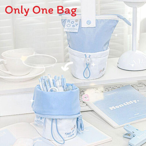 (Blue) Pp Material Cute Pen Storage Container With Foldable Stand School For Supplies