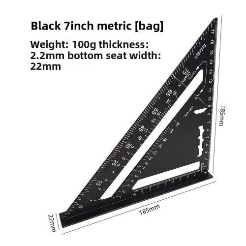 (Black Metric System)Régua triangular de 7 polegadas liga de alumínio polegadas régua de ângulo métrico ferramenta de medição