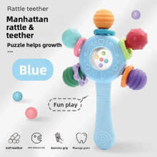(Blue) Teether Rattle Baby Toy Silicone Sensory Montessori Grip Bell Education Early