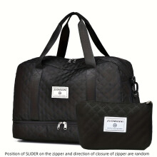 (Black) Diamond Pattern Large Capacity Travel Duffel Bag And Cosmetic Bag, Stylish Handbag With Shoe Compartment, Portable For Sport