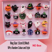 10 PCS Halloween Resin Ring Set/3D Pumpkin Ghost Bat Spider Castle Ring/Gothic Cartoon Adjustable Ring (No box, random style)