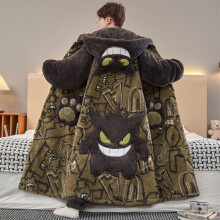 (Gengar, XL) Anime Gengar Men's Winter Pajamas Cartoon Robe Coral Velvet Thickened Plus Velvet Large Size Winter Hooded Home Set