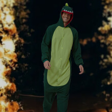 (34) Gemütlicher, mit Fleece gefütterter Herren-Pyjama mit Dinosaurier-Kapuze – langärmlig, warm und dick für Herbst und Winter,