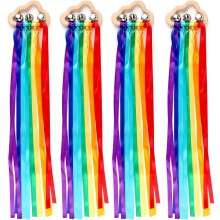 (4pcs) Wooden Ribbon Ring with Colorful Satin Streamers & Bell