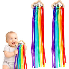 (2pcs) Wooden Ribbon Ring with Colorful Satin Streamers & Bell