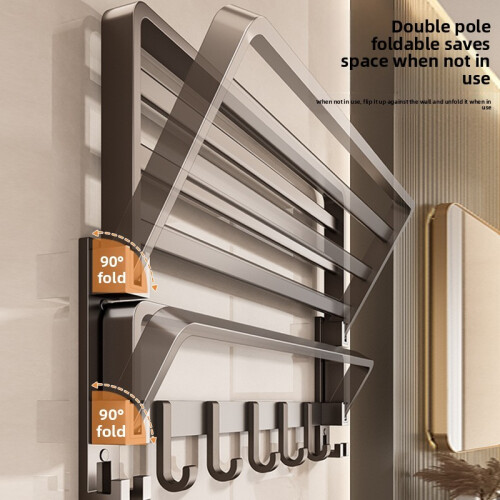 (40cm)Modern Space Aluminum Foldable Towel Rack Hooks Bathroom Organization Storage 2