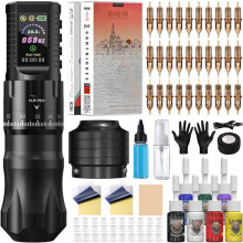 Drahtlose Tätowiermaschine mit 1800mAh Batterie, Normal/Stippling-Modus, 7 einstellbare Gänge, 30 Nadeln und 7 Tätowierfarben [TT17]
