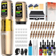 Drahtlose Tätowiermaschine Kit mit 2 Batterien 1600 mAh 4 Modi 7 einstellbaren Stichen 20 Nadelpatronen 7 Tinten von Ta[TT32]