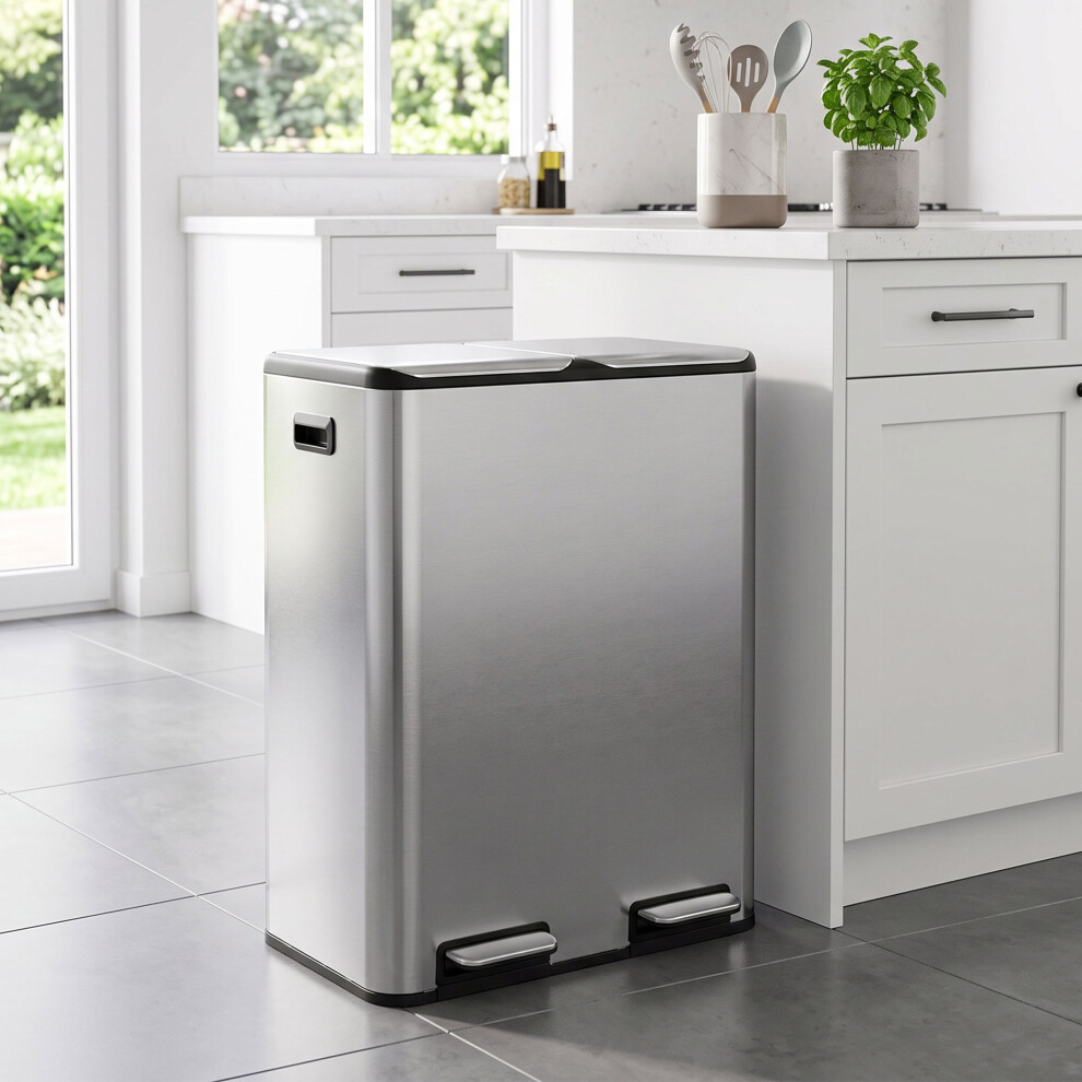 Homcom Silver 2 X 30L Double Kitchen Bin, Stainless Steel Pedal Rubbish Bin With Dual Compartments, Soft Close Lids, Tone - Image 5