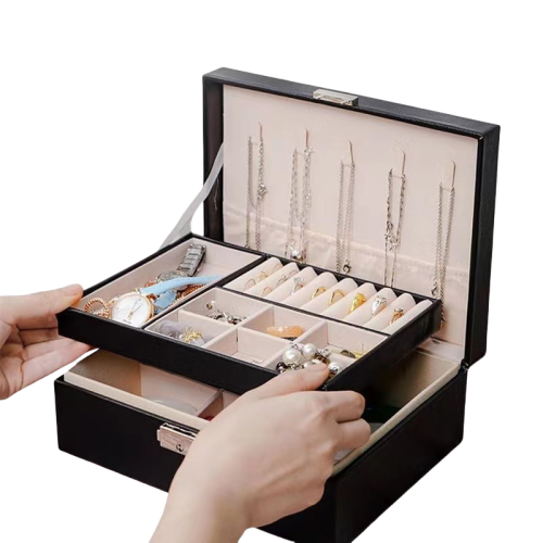 Portable Double-Layer Jewelry Box with Lock Black