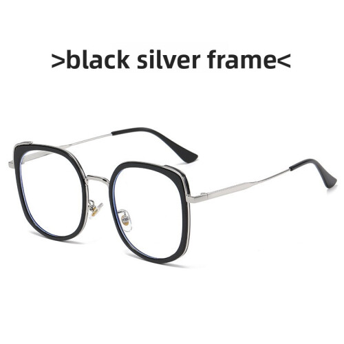 (Black Silver)Unisex Square Glasses Frame With Geometric Design And Blue Light Filter Design