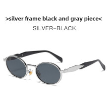 (Silver Black Gray)Metal Frame Oval Sunglasses With Grey Lenses And Uv Protection Office For