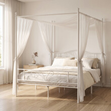 HOMCOM Canopy Bed Frame Double Size, Metal Platform Bed Frame, White