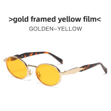 (Yellow)Metal Frame Oval Sunglasses With Grey Lenses And Uv Protection For Office