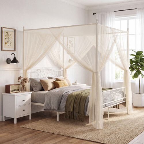 Homcom HOMCOM Canopy Bed Frame Double Size, Metal Platform Bed Frame, White 1