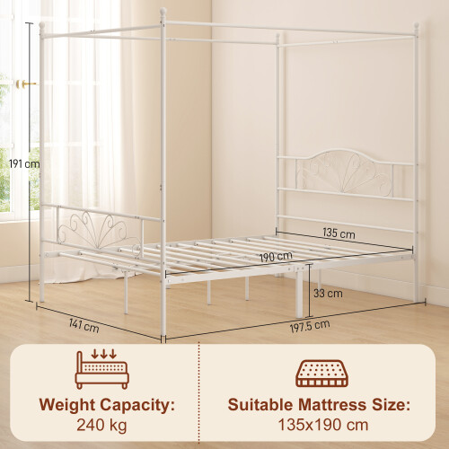 Homcom HOMCOM Canopy Bed Frame Double Size, Metal Platform Bed Frame, White 2