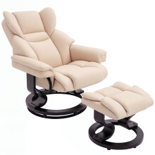 (Cream, PU Leather) 360 Swivel Recliner Chair with Footstool, Cream