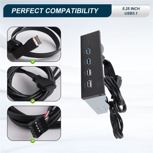 5.25 Pulgadas Usb3.1 Gen2 Panel Frontal Usb Hub 2 Puertos Usb3.0 + 2 Puertos Usb2.0 + 1 Puerto Type-C con Conector Type-E
