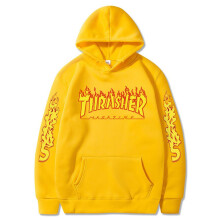 (Yellow,XXXL)Plus Size Thrasher Flame Print Pullover Hoodie Casual Couple Sweatshirt Unisex
