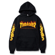 (Black,L)Plus Size Thrasher Flame Print Pullover Hoodie Casual Couple Sweatshirt Unisex