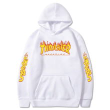 (White,XXXL)Plus Size Thrasher Flame Print Pullover Hoodie Casual Couple Sweatshirt Unisex