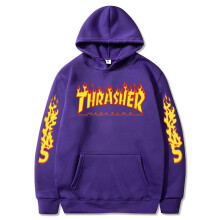 (Purple,XXXL)Plus Size Thrasher Flame Print Pullover Hoodie Casual Couple Sweatshirt Unisex
