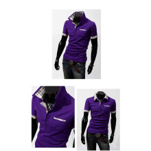 (Purple,M)Hommes Fine Polo Chemise Coton Décontracté Manche Courtes Mature Tshirt Carreau