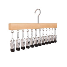 Wooden Hat Rack with 12 Clips - Silver