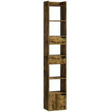 (Rustic Brown, Engineered Wood) Tall Narrow 5-Tier Bookcase with Drawers