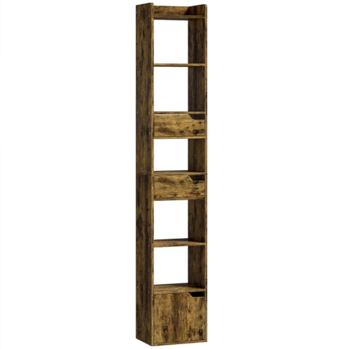 (Rustic Brown, Engineered Wood) Tall Narrow 5-Tier Bookcase with Drawers