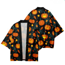 (M) Halloween Open‑Front Kimono Cardigan Jacket, Pumpkin Spider Web Outerwear Tops For Party Holiday