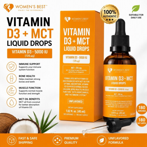 Womens Best Vitamin D3 + MCT Liquid Drops 5000 IU 45ml Immune Support