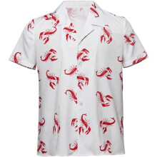 (S) Kramer Inspired Men's Lobster Print Shirt White Button Up Short Sleeve Hawaiian Vacation Top