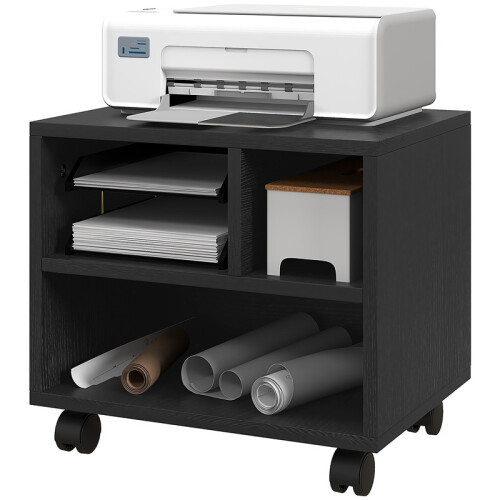 Three-Compartment Printer Cabinet, with Wheels - Black 1
