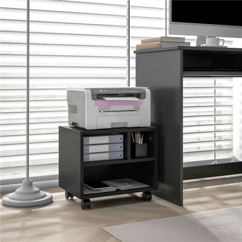 Three-Compartment Printer Cabinet, with Wheels - Black 2
