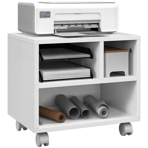 Three-Compartment Printer Cabinet, with Wheels - White