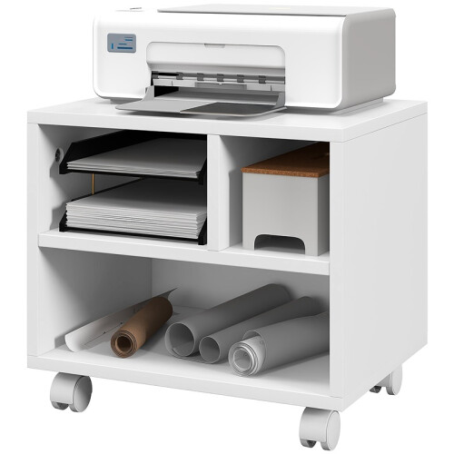 Three-Compartment Printer Cabinet, with Wheels - White 1