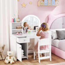 (White) AIYAPLAY Girls Dressing Table with 2-Colour LED Mirror and Stool