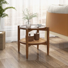 Runder Beistelltisch aus Rattan mit Tischplatte aus gehärtetem Glas, 2-stufig