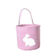 (Pink) Easter Bunny Basket – Plaid Gingham with Handle – for Egg Hunting