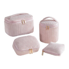 (Pink) Corduroy Makeup Bag Set - 4 Pcs Portable - for Travel Skincare Brushes Jewelry