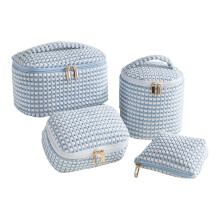 (Blue) Corduroy Makeup Bag Set - 4 Pcs Portable - for Travel Skincare Brushes Jewelry